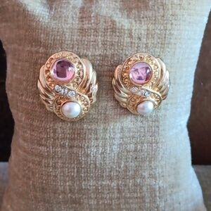 Gold Tone Faux Stone Pearl Post Earrings